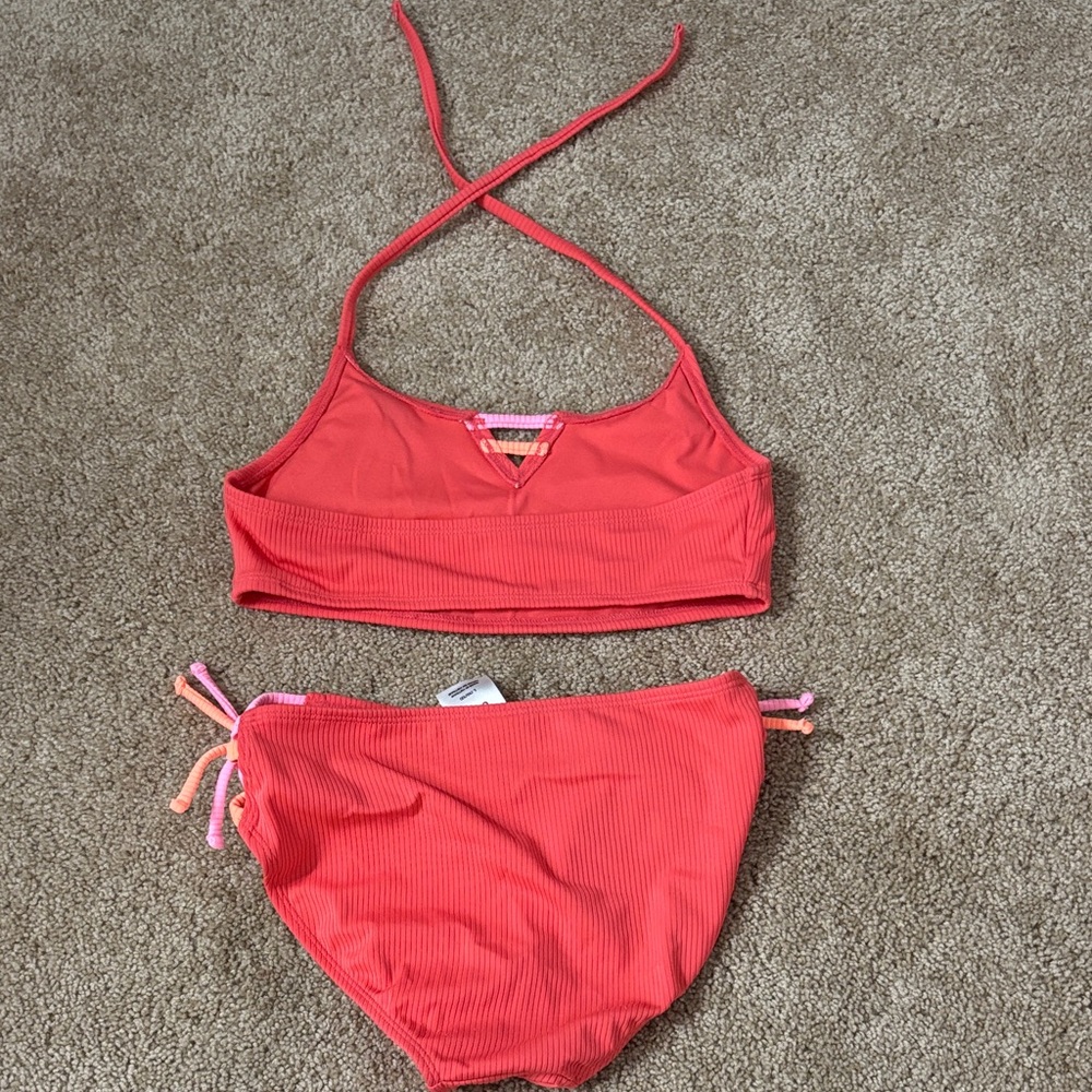 Girls' Coral Ribbed Two-Piece Swim Set with Pink Tie Accents - Picture 3 of 3